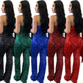 C6778 cross-border   fashion women's solid color sleeveless one-shoulder sequin pants jumpsuit