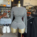 European and american cross-border women's clothing  summer new casual striped crew neck slim fit cardigan high waist shorts fashion set