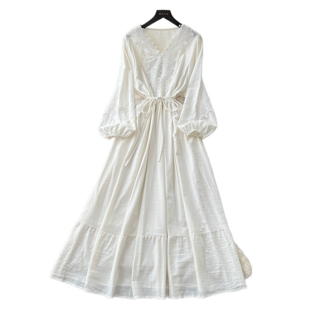 French chic lantern sleeve crochet embroidered dress - women's summer korean style tie-waist a-line maxi dress