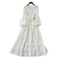 French chic lantern sleeve crochet embroidered dress - women's summer korean style tie-waist a-line maxi dress