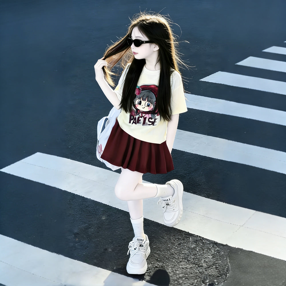 Girls'  skirt set: stylish kids' mini skirt outfit, new cute pleated skirt two-piece set, korean style