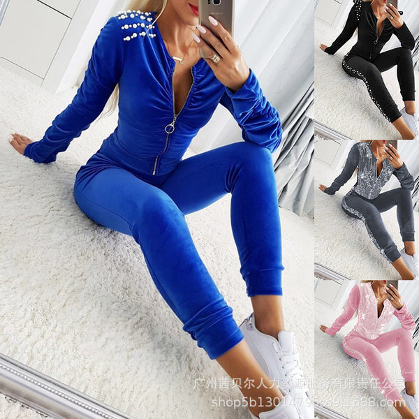 ODS4699 series new 2023 European and American women's pearl velvet pleated Zou sportswear (2-piece set)
