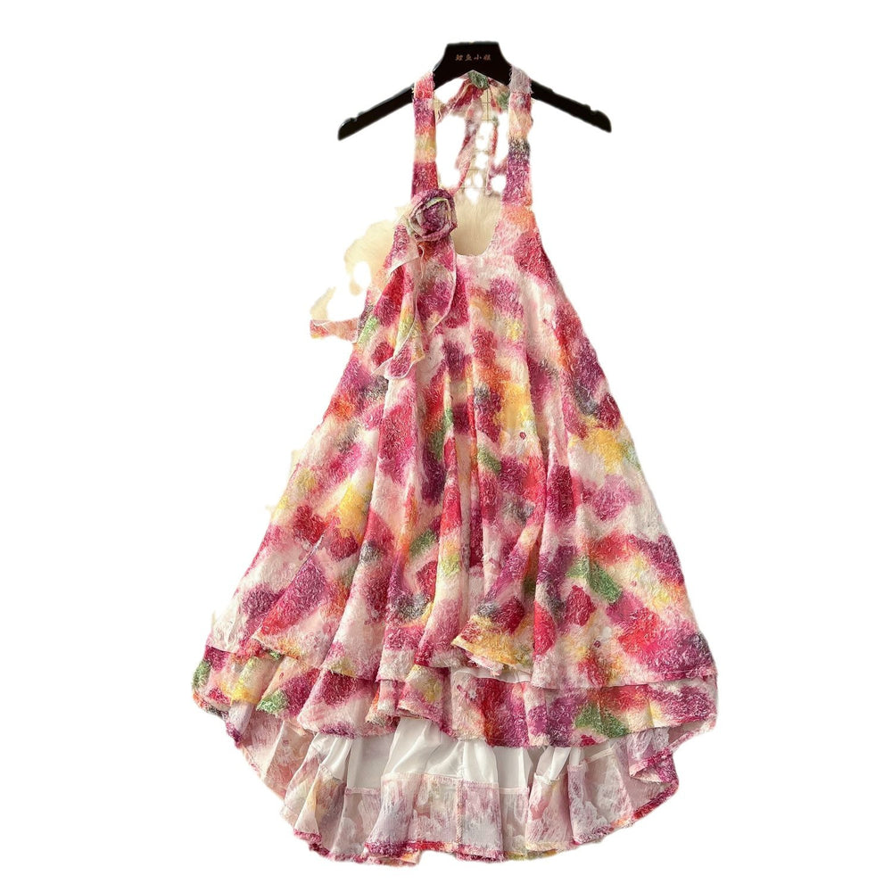 Summer 3d floral halter neck cami dress - loose fit, a-line, short, with ruffle hem - perfect for vacation