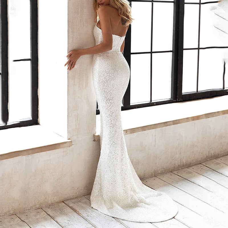 spring/summer new arrivals: european and american style slim-fit fashion dress - sexy sequin white evening gown/bandeau dress