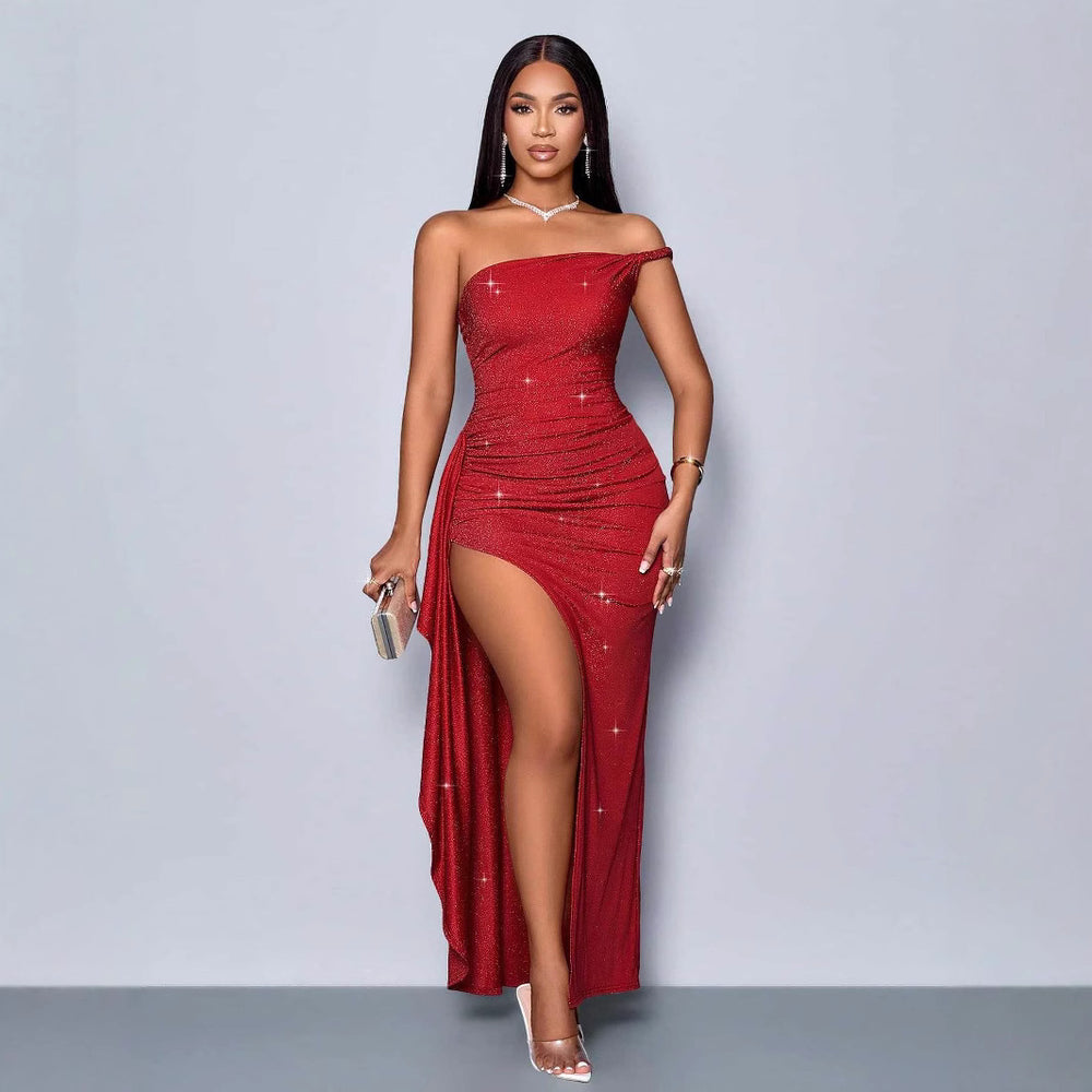 Amazon cross-border asymmetrical strap high-slit ruffle trim sequin maxi dress