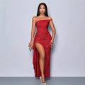 Amazon cross-border asymmetrical strap high-slit ruffle trim sequin maxi dress