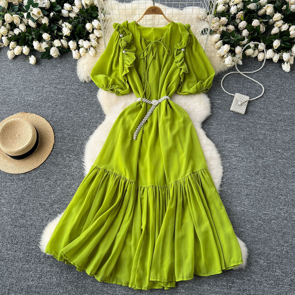 French-inspired beaded, ruffled, lantern-sleeve, a-line chiffon dress with a cinched waist and flattering, full skirt