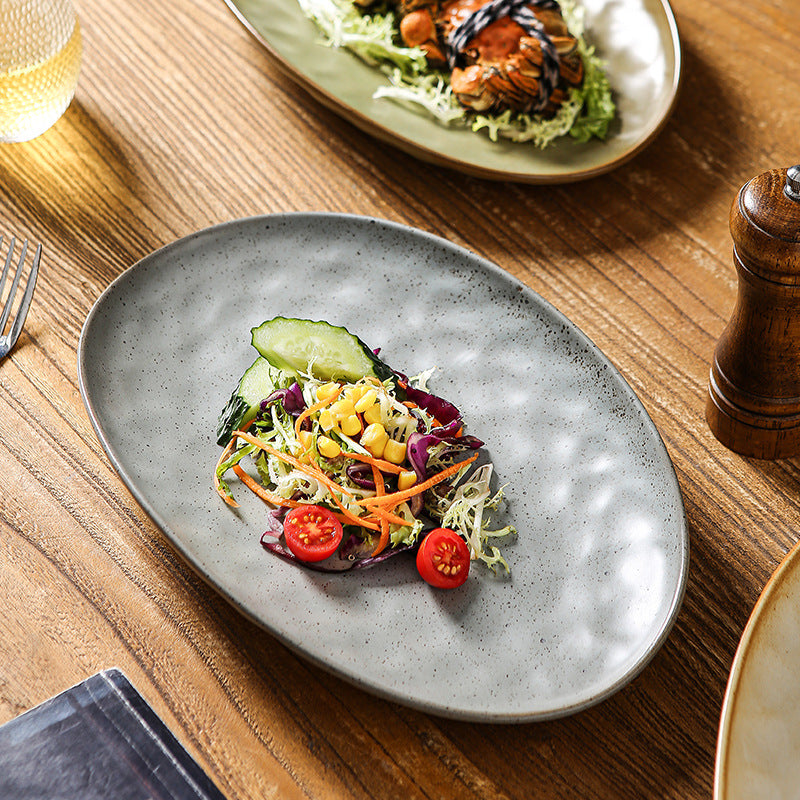 Retro stoneware oval ceramic long plate restaurant for home large capacity stylish fish plate sushi pastry dessert plate
