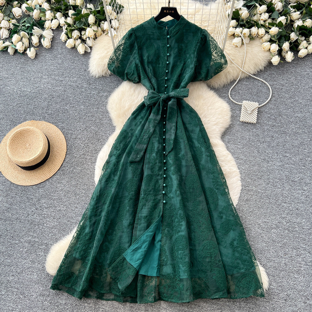 Elegant lace embroidered maxi dress for women - high waist a-line, perfect for summer, work, and evening events