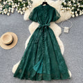 Elegant lace embroidered maxi dress for women - high waist a-line, perfect for summer, work, and evening events