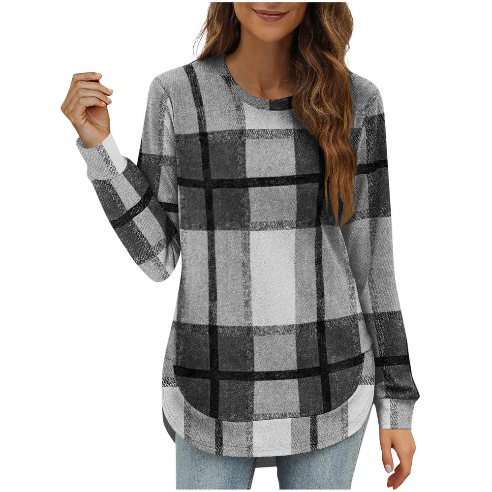 new women's casual loose plaid long sleeve crew neck irregular hem top - perfect for cross-border  sales