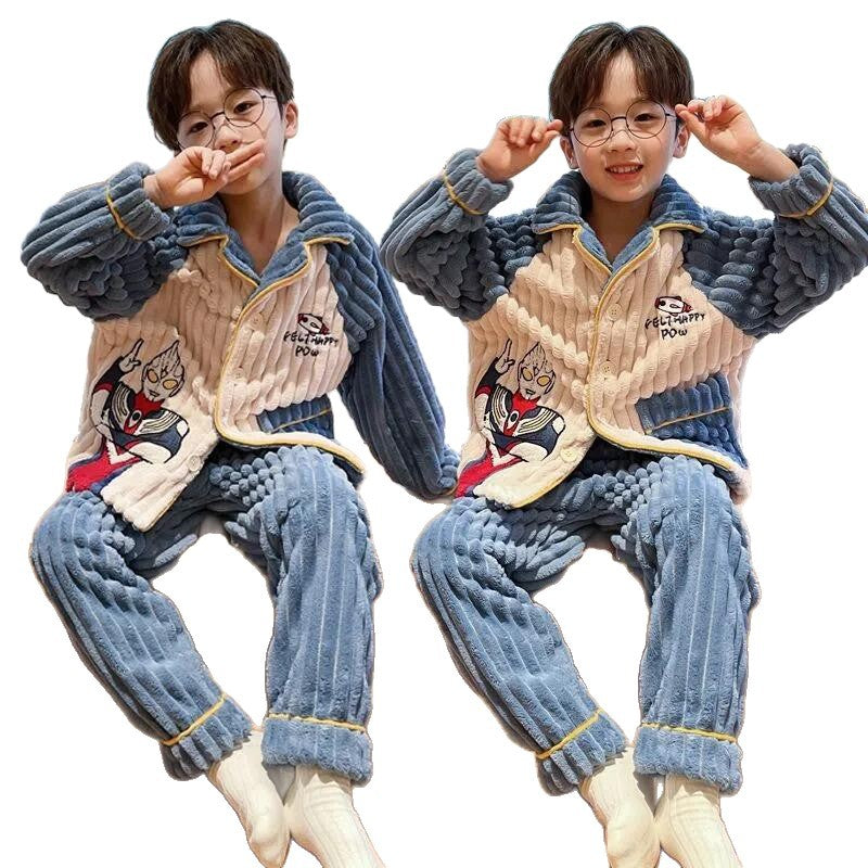 Boys' cartoon superman pajama set - warm, thickened winter loungewear for toddlers, young children, and older boys