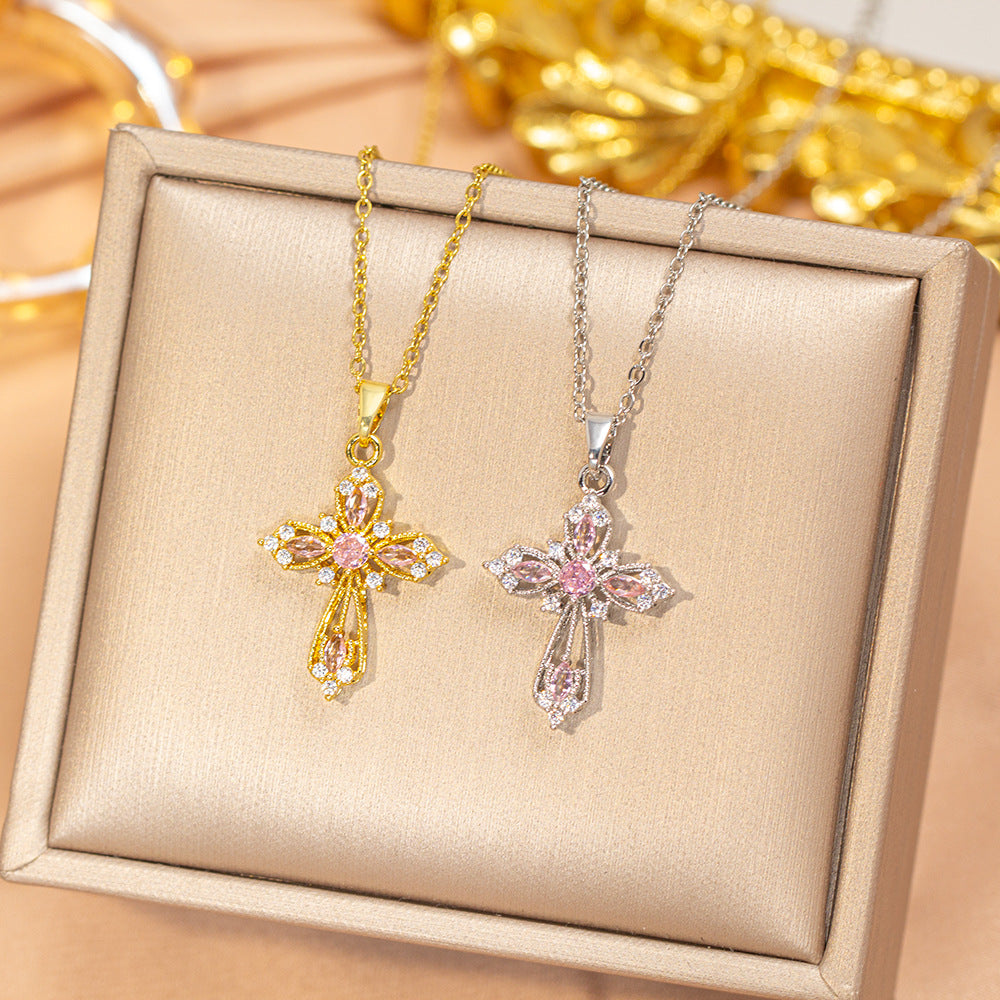 [titanium steel] fashion popular pink zirconium hollow cross necklace for women, accessible luxury niche high-end clavicle chain accessories