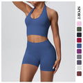 New seamless breathable backless halter bra high-waisted butt-lifting yoga set outdoor running fitness activewear