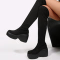 European and american style punk solid color high boots for women,  autumn/winter new collection, leather stretch wedge heel platform over-the-knee boots