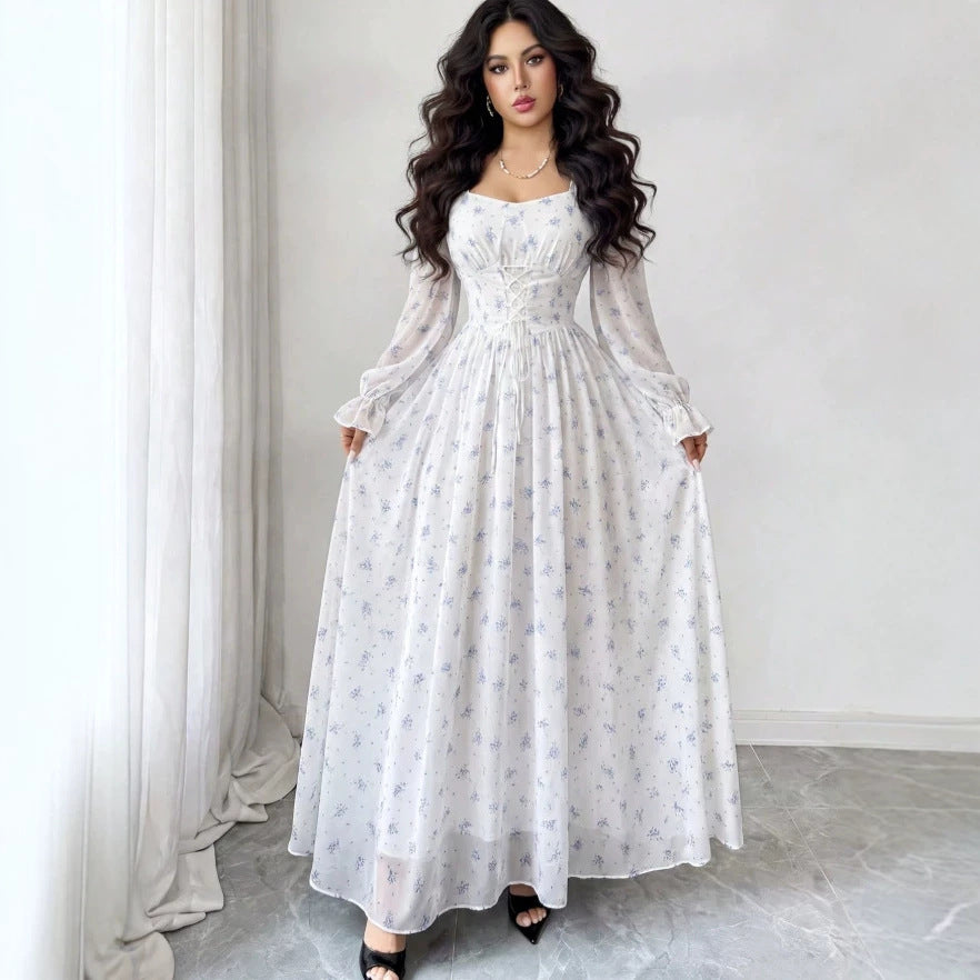 European and american cross-border  gentle style white background blue floral long dress with square neck and puff sleeves - korean style outfit