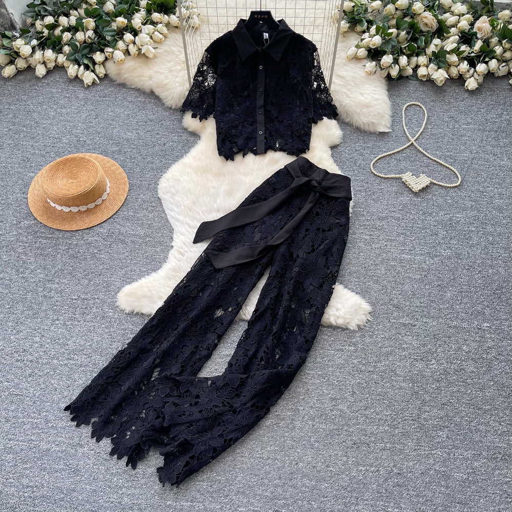 French chic, sophisticated lace cutout short sleeve top and wide-leg pant set - premium summer collection