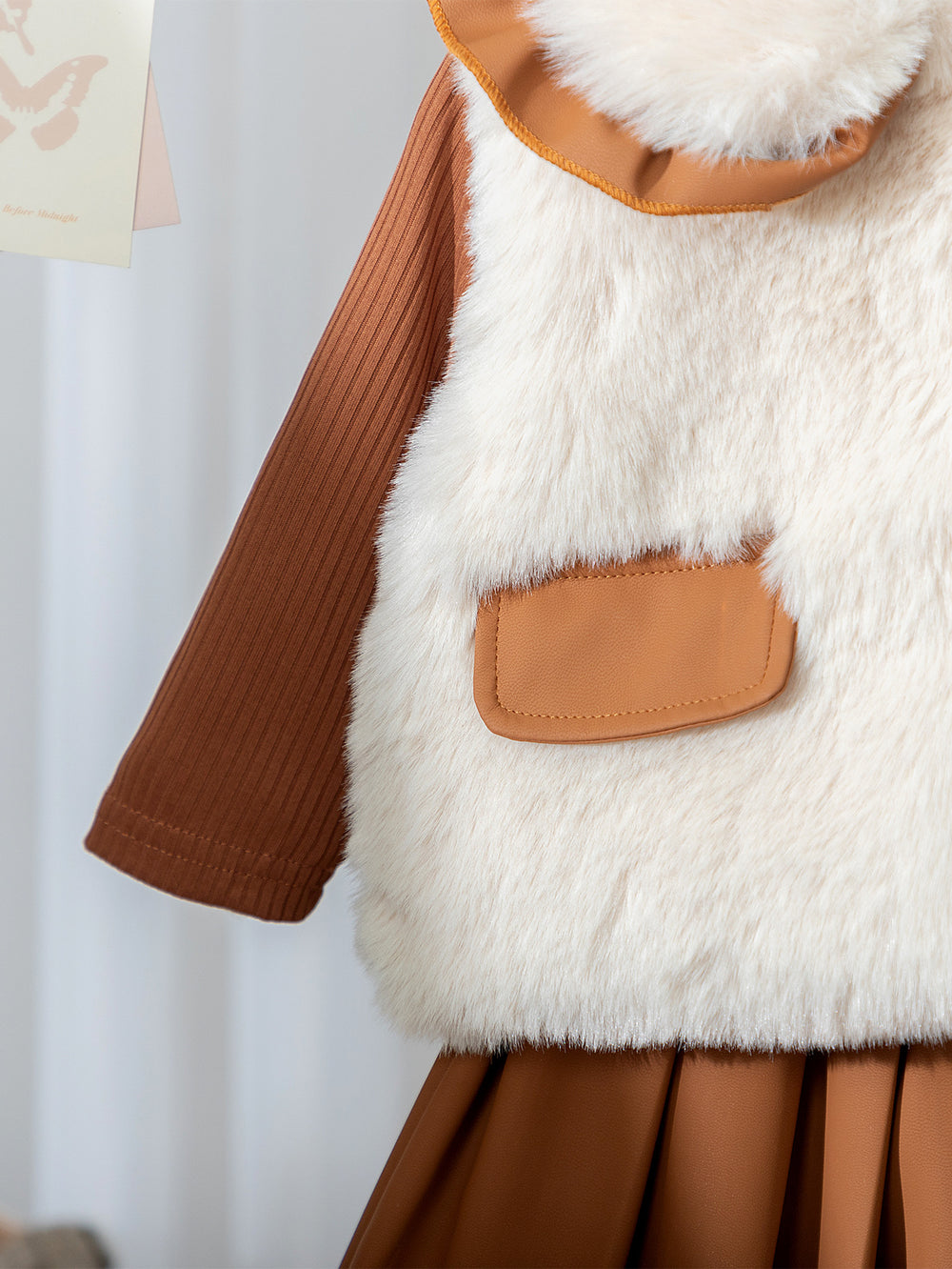 fall/winter cross-border fashion: european & american style girls' fuzzy vest + knitted top + pleated mini skirt three-piece set