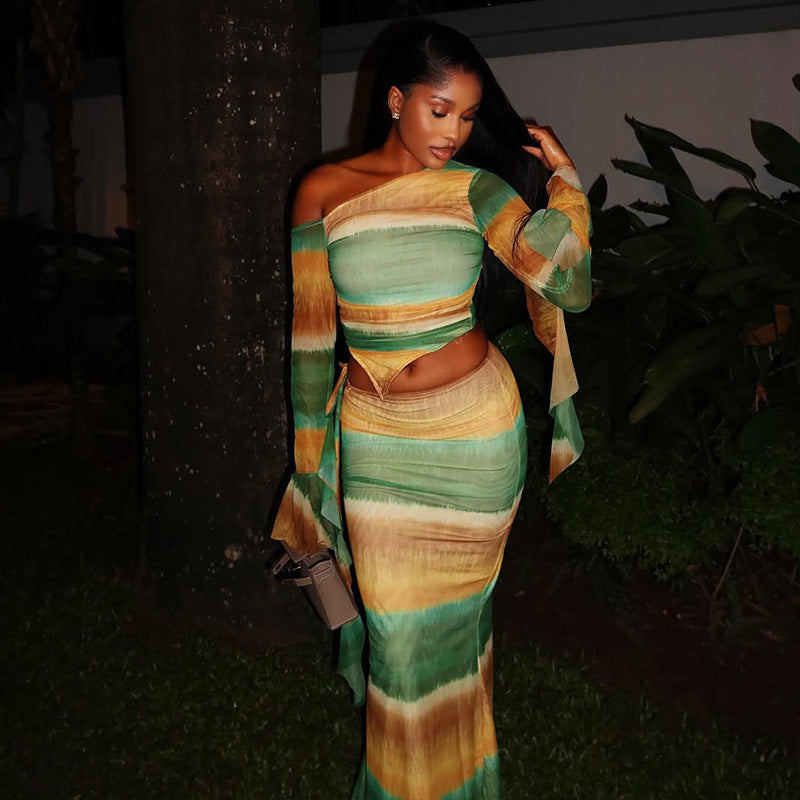 Fashion style cross-border casual vacation hip-covering color matching elegant skirt suit elastic slanted collar asymmetrical two-piece set women's clothing