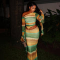 Fashion style cross-border casual vacation hip-covering color matching elegant skirt suit elastic slanted collar asymmetrical two-piece set women's clothing