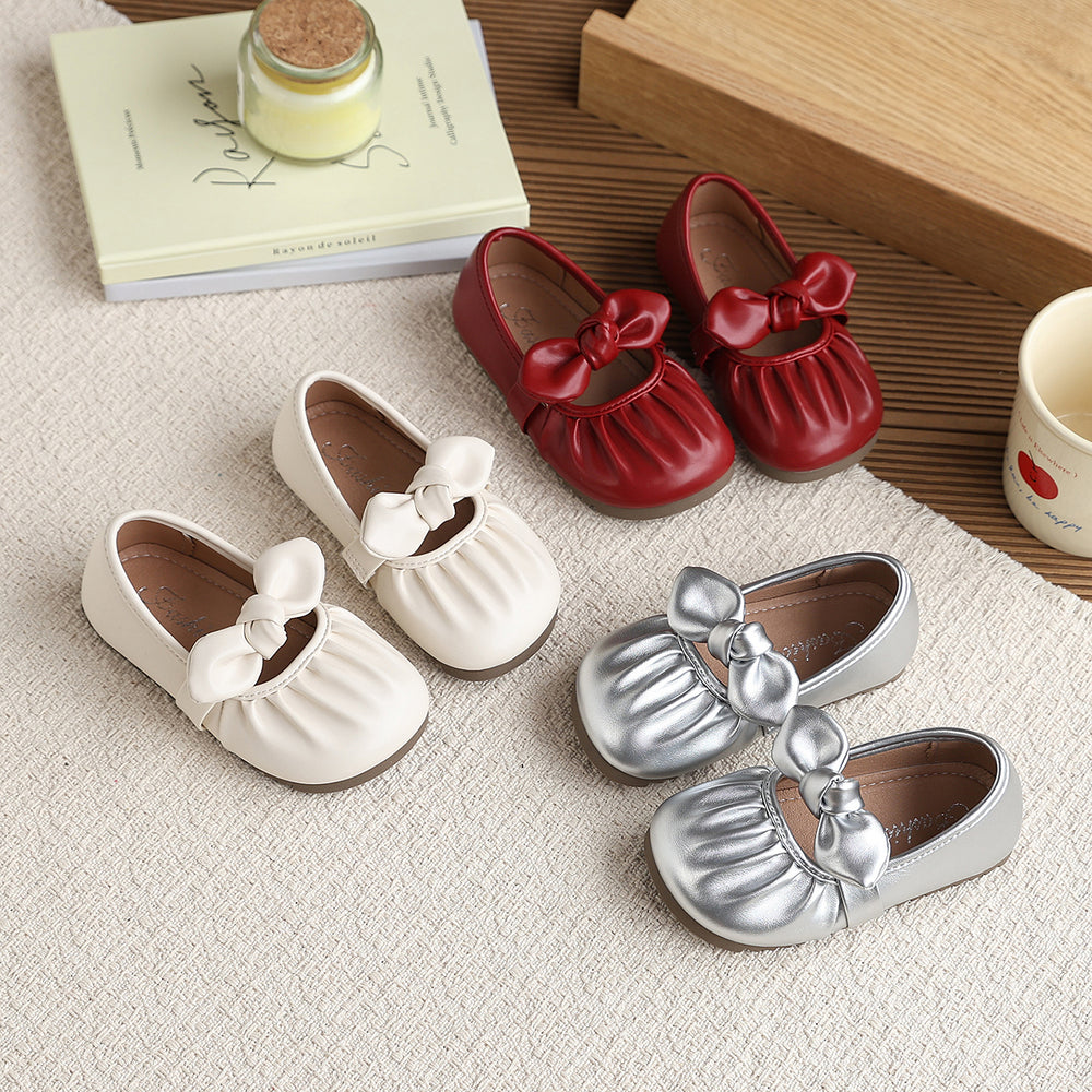 Vancahao girls' bow-tie princess shoes, new korean style slip-on leather flats for spring/autumn