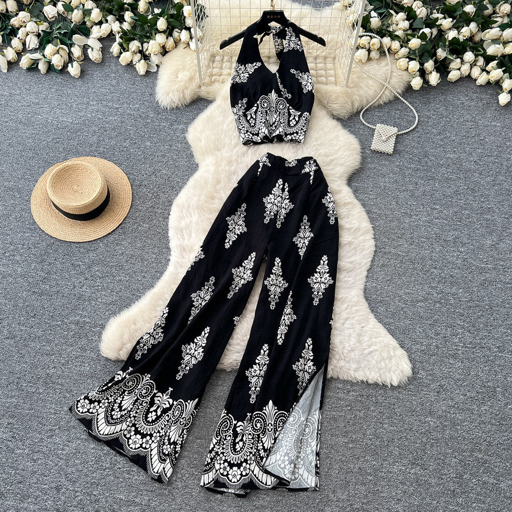 Vacation-style printed halter sleeveless dress women's summer lazy high-waisted wide-leg pants two-piece set - premium feel