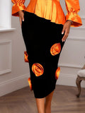 puff sleeve glossy tops silmslimming lookstereo flower hip skirt two-piece settwo-piece set