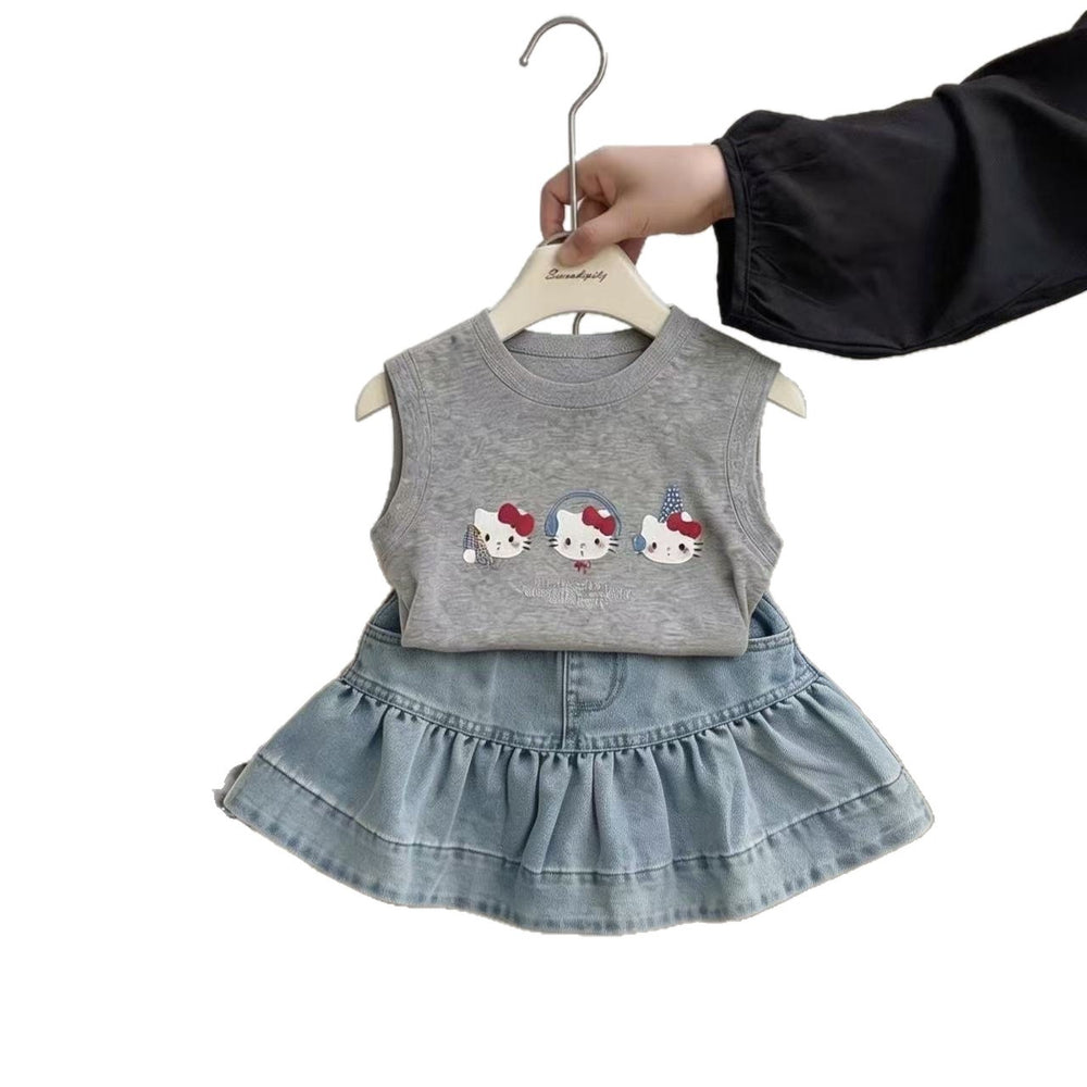 Girls'  summer comfortable cartoon cat tank top set, baby girl casual sweet denim skirt two-piece outfit