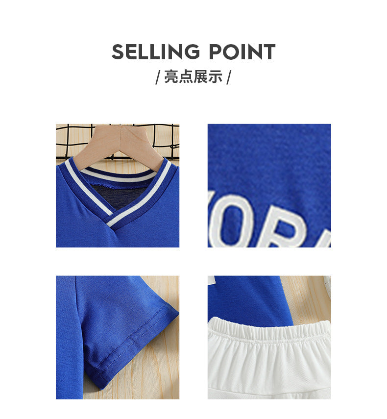 Girls' summer activewear set: blue v-neck digital print tee & white midi skirt - perfect for export