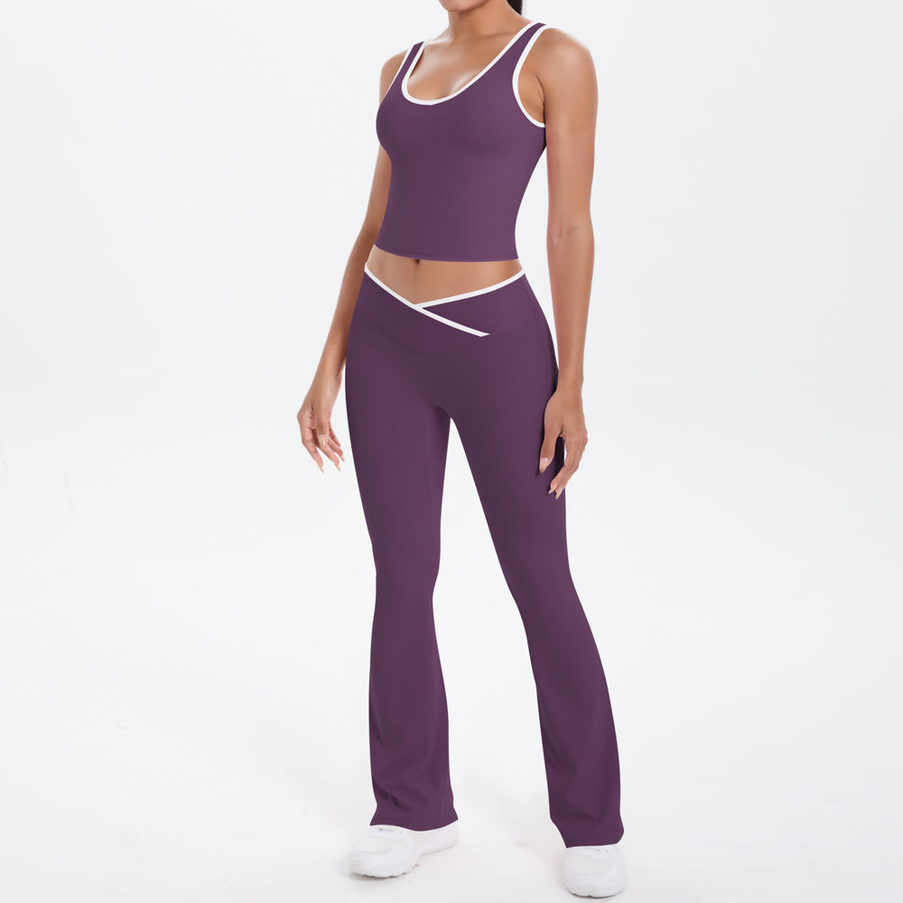 new arrival: double-sided brushed fleece color block compression yoga set - breathable, cross-back design, perfect for running and fitness (two-piece set)