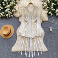 Korean style sweet pink a-line dress with ribbon detail - women's summer flirty sequin tie-waist slimming elegant dress