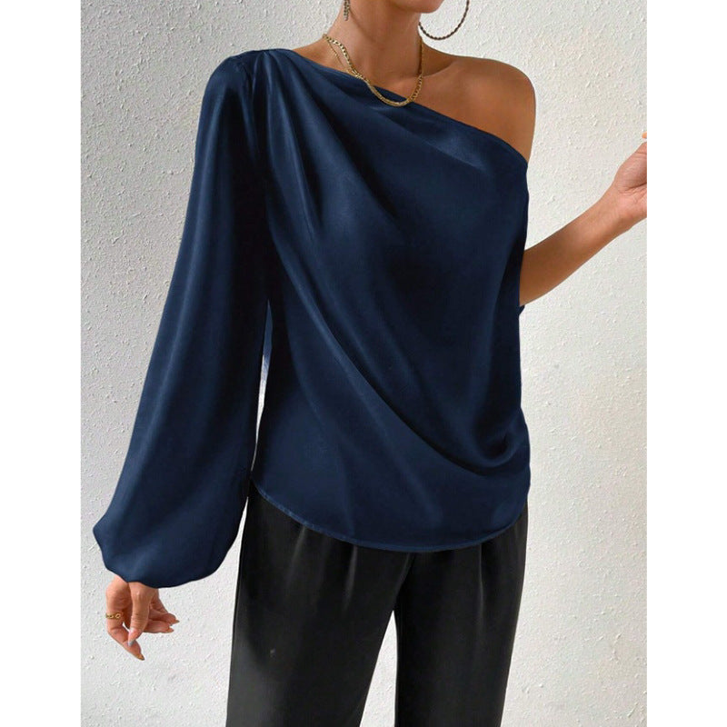 Export oblique shoulder t-shirt sexy off-shoulder loose off-shoulder elegant women's clothing  cross-border fashion oblique collar tops