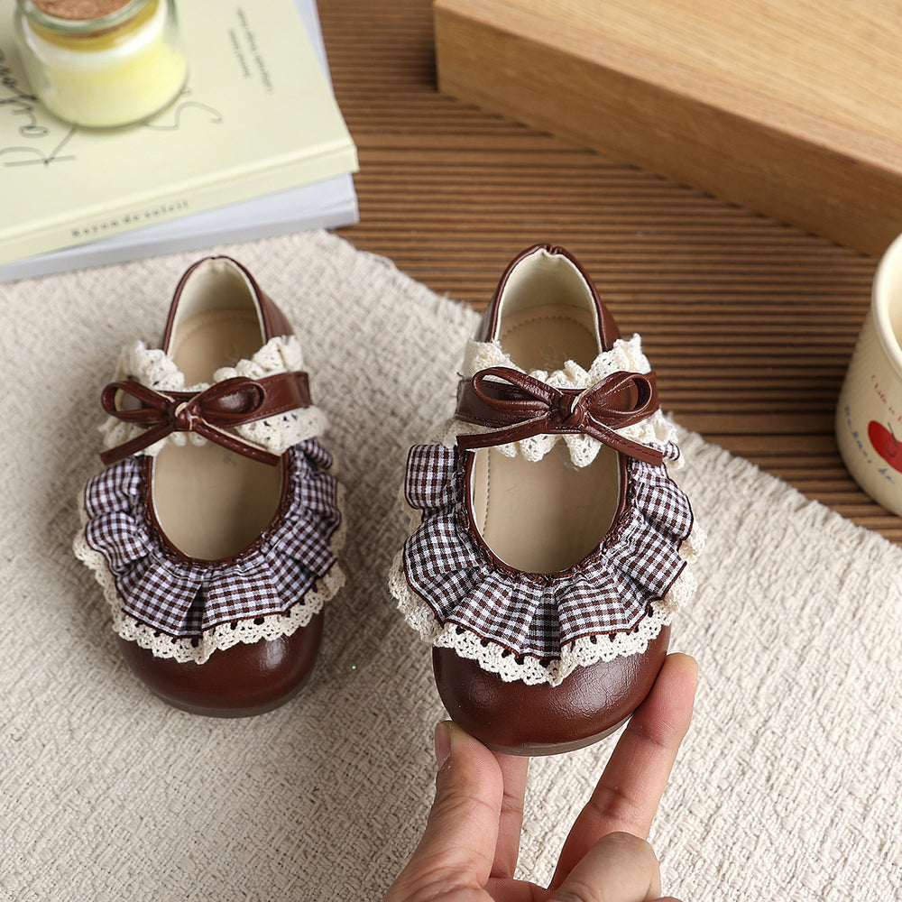 Vancahao girls' bow-tie princess shoes, new spring/autumn  collection, kids' fashionable low-cut leather shoes with lace trim
