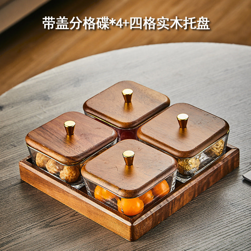 Walnut wood fruit bowl snack storage box - premium glass dried fruit dish - coffee table dessert & candy organizer