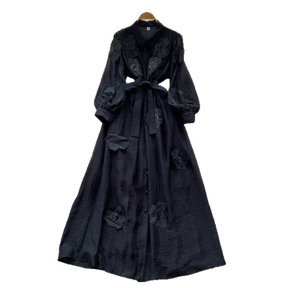Frenchclassy heavy industry beading stereo flower lapel long sleeves single breasted strap waist elegantdress women