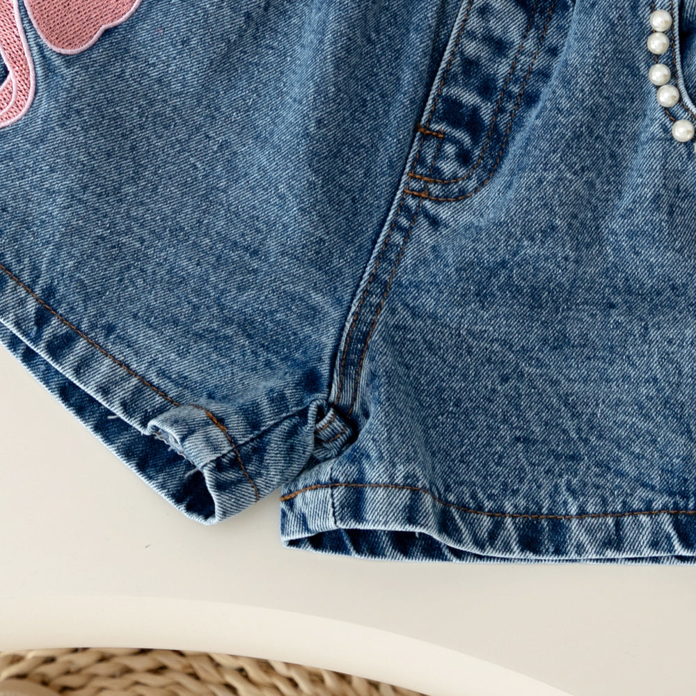 new arrival: girls' european & american style, elegant solid color flutter sleeve t-shirt with cute bow + denim shorts set