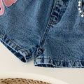 new arrival: girls' european & american style, elegant solid color flutter sleeve t-shirt with cute bow + denim shorts set