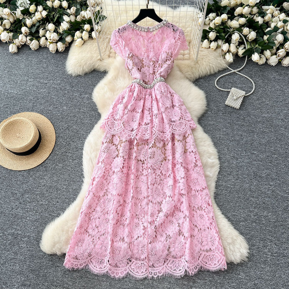 Frenchaccessible luxury celebrity heavy industry beading diamond round neck short sleeve waist lacedress women's slimming lookelegant long skirt