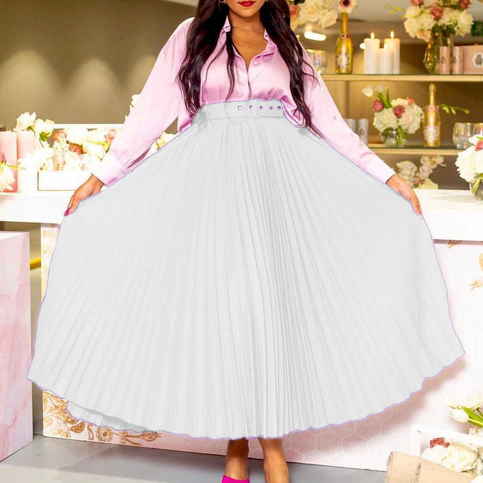 D293p with belt european and american clothing new arrival high waist large skirt mid-length pleated elegantdrapedexport skirt