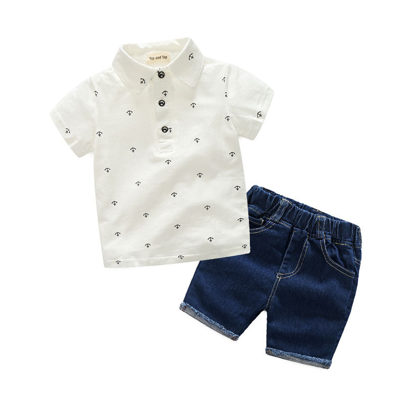Boys' summer outfit set: polo shirt with anchor print, short-sleeve turn-down collar tee, and two-tone denim shorts - trendy kids' style
