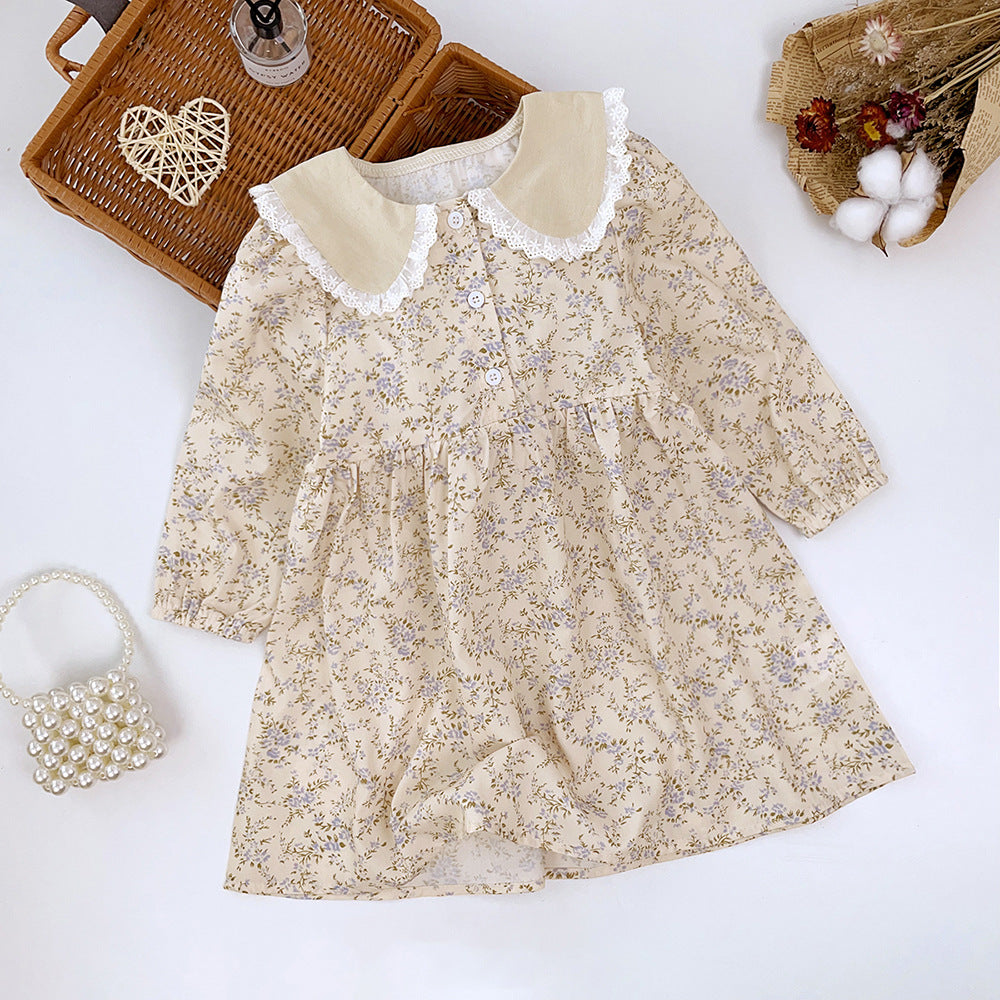 Kids' spring/autumn dress: new cross-border style for girls - chic lace collar, floral print, long sleeve dress, korean style skirt