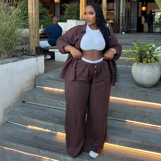 European and American large size casual high waist striped long-sleeved cardigan shirt trousers African foreign style women's loose two-piece set women