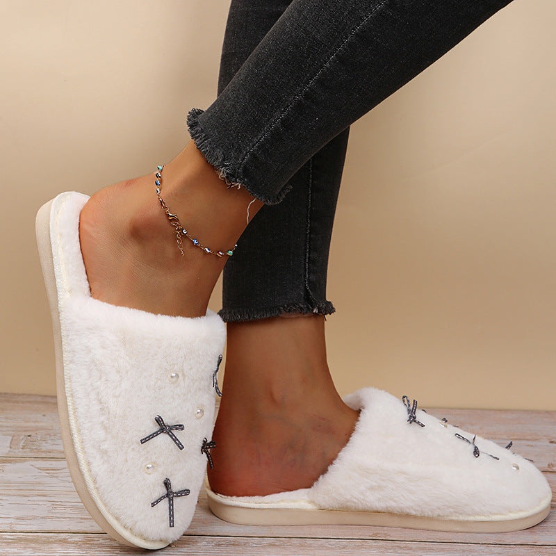Cute girly ins style cotton slippers for women indoor flatsfor homeheattechfall and winterbowspopular furry slippers