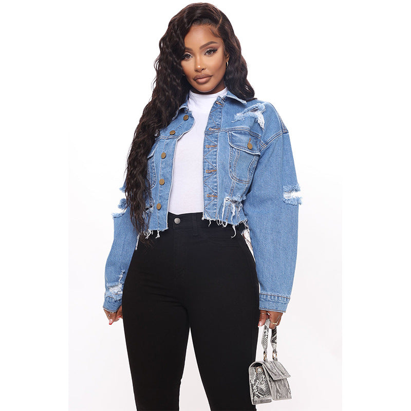 Bao style denim outwear women's new arrivalfashionfashion  ripped tops washed cut denim outwear