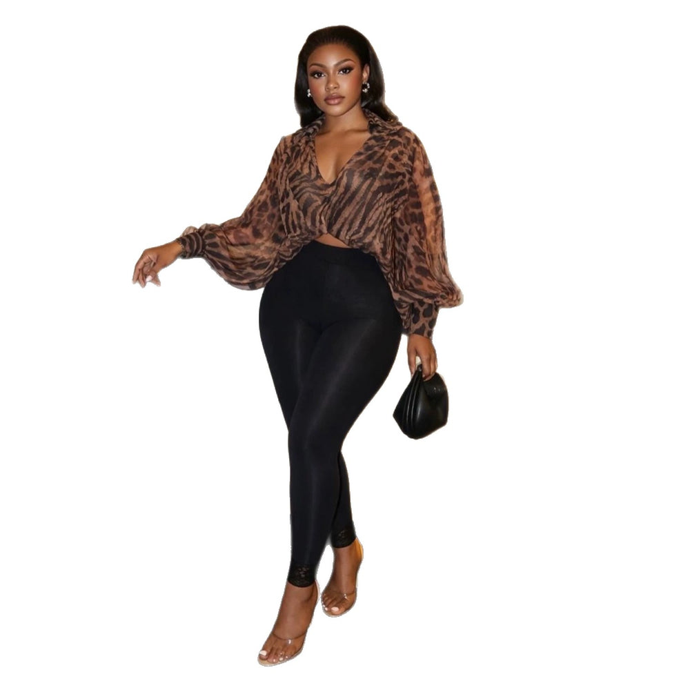 European and american cross-border women's fashion:  summer new arrival - leopard print v-neck lightweight loose long-sleeve shirt with a unique design
