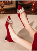 2025 new bridal shoes - red high heels, show-hé style wedding shoes, convertible pearl & floral design, perfect for wedding banquets