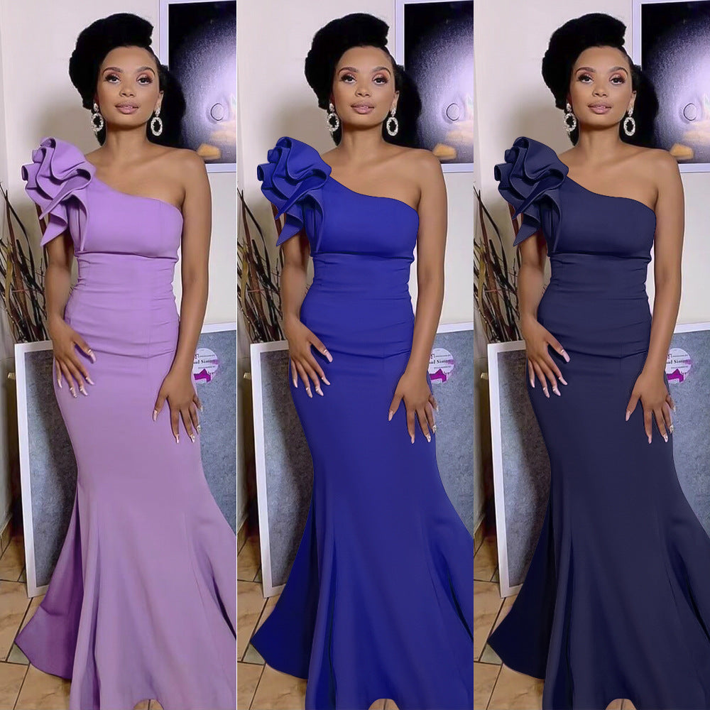 e-commerce solid color asymmetrical bust-enhancing dress, european and american/african women's sexy cocktail party evening gown