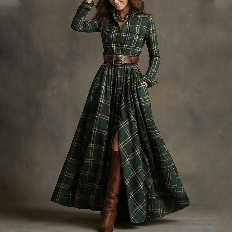 cross-border e-commerce european and american women's clothing: new summer collection - fashionable, casual, and elegant plaid notch collar slim-fit dress