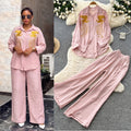 Lazy style pink embroidershirtloose pantstwo-piece setfemaleautumwork clothingslimming lookelegantsuitcasual