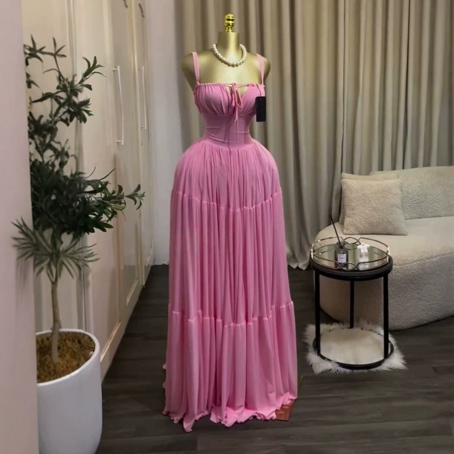 European and american cross-border women's clothing:  summer new arrival - elegant and chic ruched high-waisted long dress with spaghetti straps